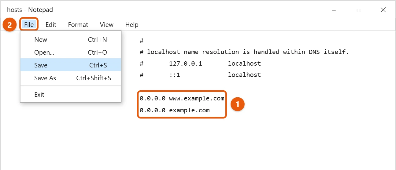 How to Block a Website in Windows 10 1 Windows 10 Notepad editing the hosts file with two lines that block www.example.com and example.com