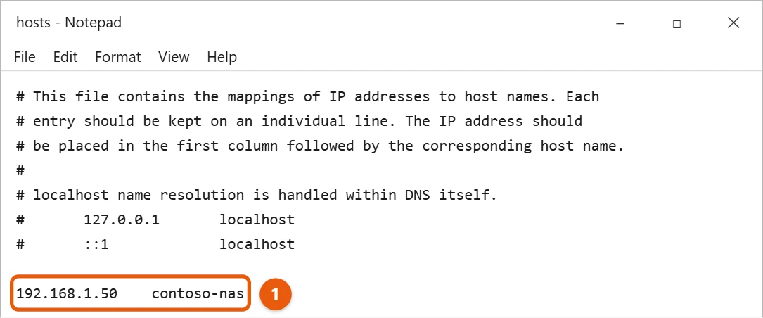 How to Find and Edit the Hosts File in Windows 10 2 Windows 10 Notepad running as administrator with the hosts file open and a new entry added at the end