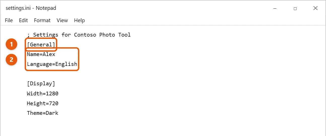 How to Create an INI File in Windows 10 1 Notepad with an INI file showing a comment, a General section, and key and value lines