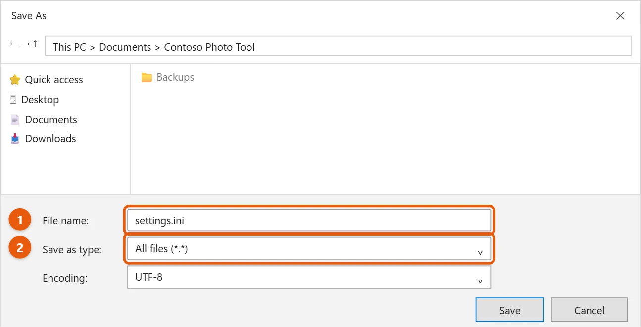 How to Create an INI File in Windows 10 2 Notepad Save As window with settings.ini as the file name and All files as the save type