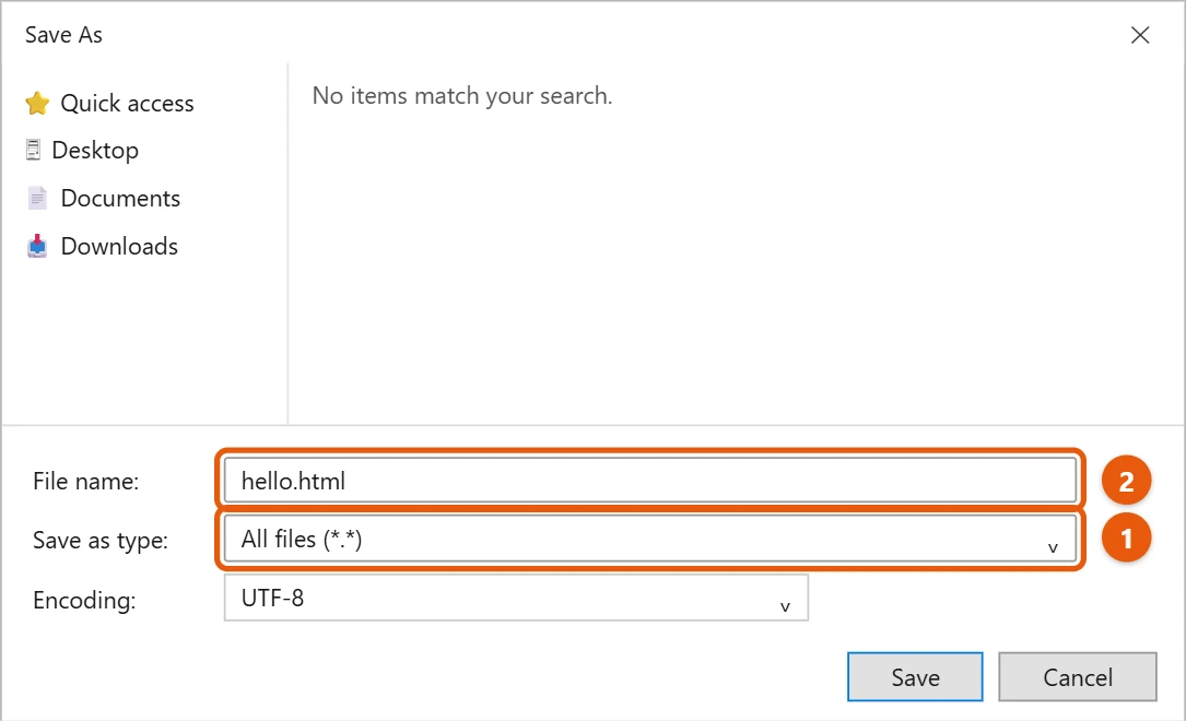 Do You Need to Install JavaScript on Windows 10? 2 Notepad Save As window with the file name hello.html and Save as type set to All files