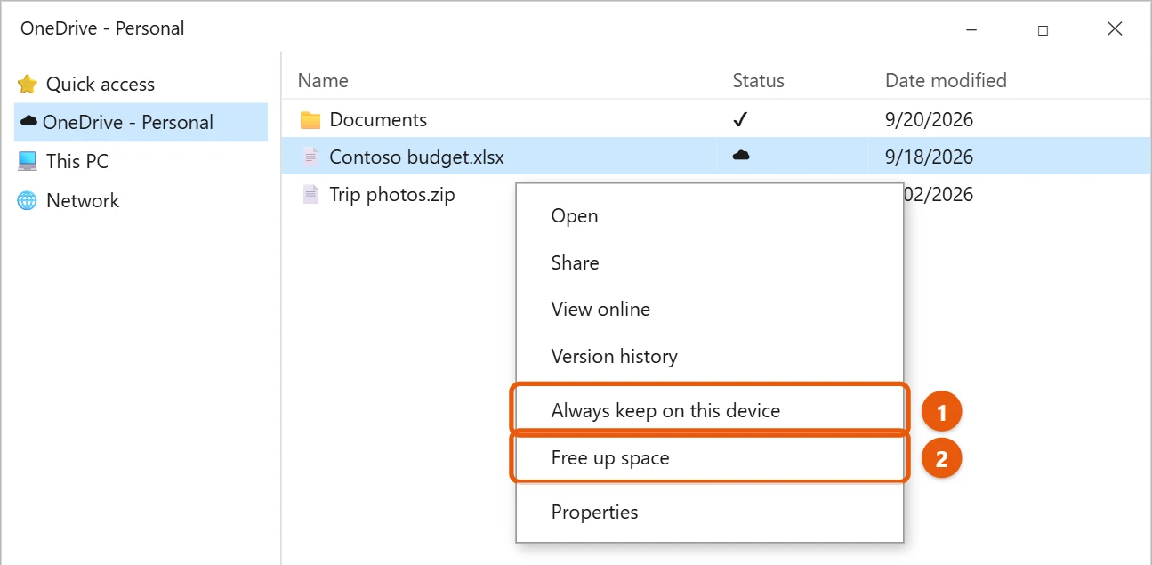 How to Use and Sync OneDrive on Windows 10 1 Windows 10 File Explorer OneDrive folder with a file right-clicked showing Always keep on this device and Free up space