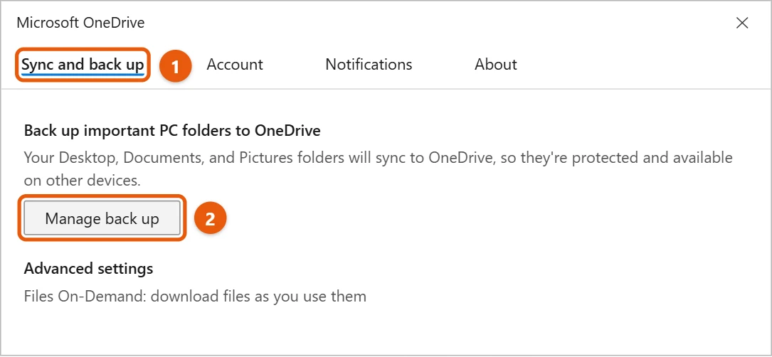 How to Use and Sync OneDrive on Windows 10 2 Microsoft OneDrive settings with the Sync and back up tab and Manage back up highlighted
