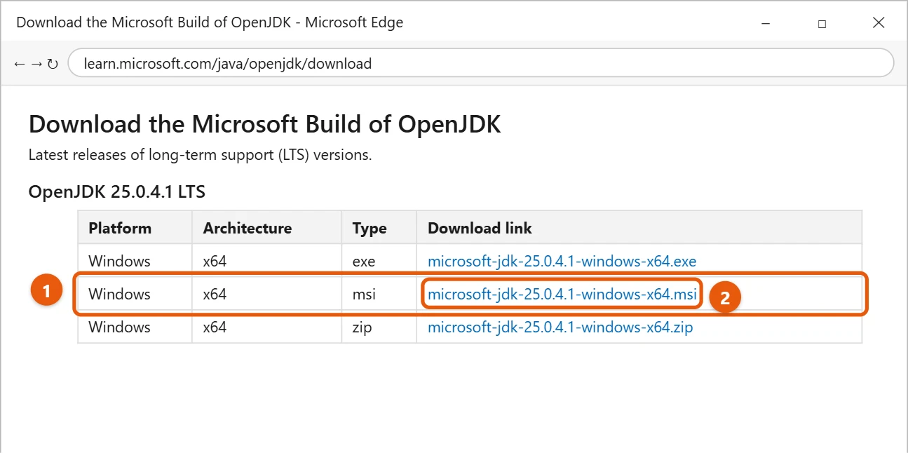 How to Get Java for Windows 10 1 Microsoft Build of OpenJDK download page with the Windows x64 installer link highlighted