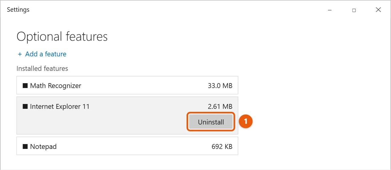 How to Disable or Uninstall Internet Explorer on Windows 10 1 Windows 10 Optional features with Internet Explorer 11 selected and Uninstall highlighted