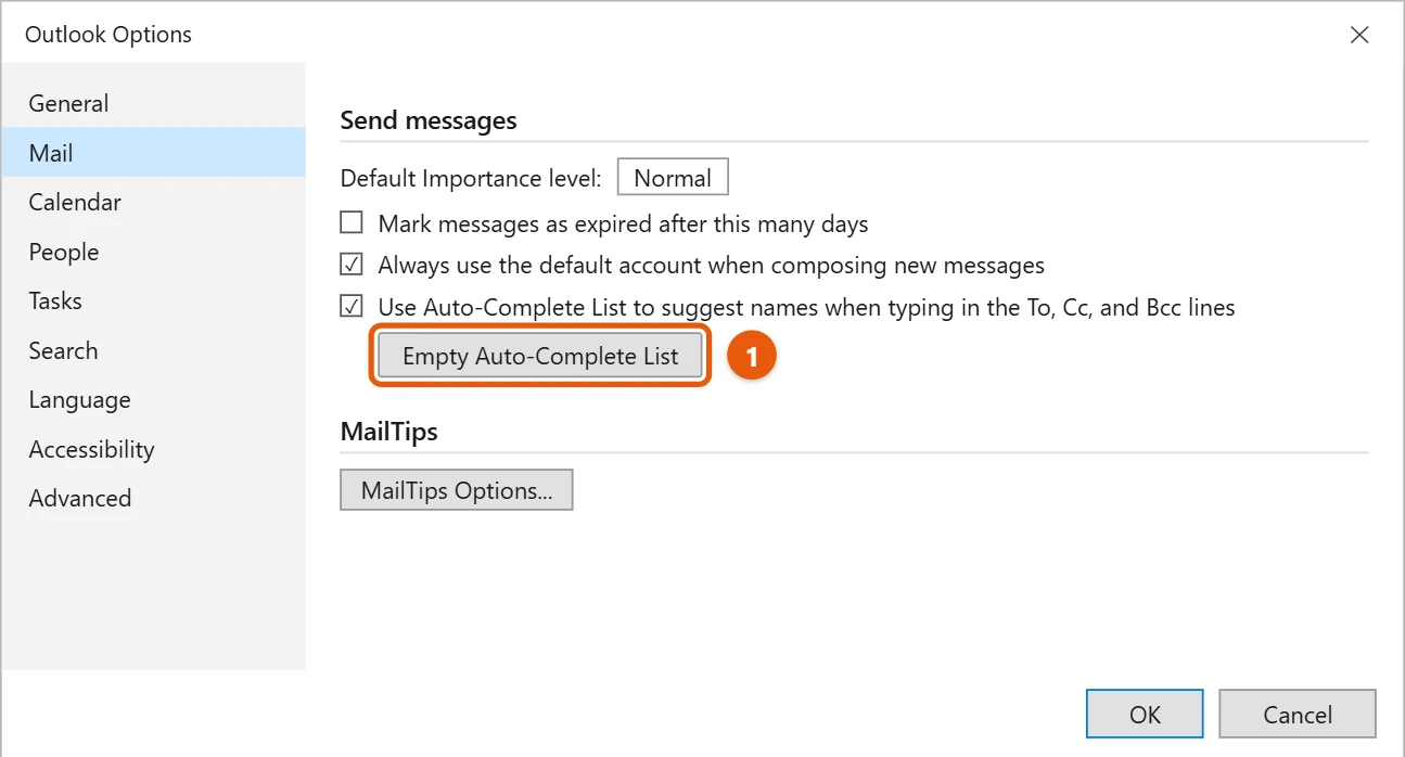 How to Clear the Outlook Cache in Windows 10 2 Classic Outlook Options Mail page with Empty Auto-Complete List highlighted
