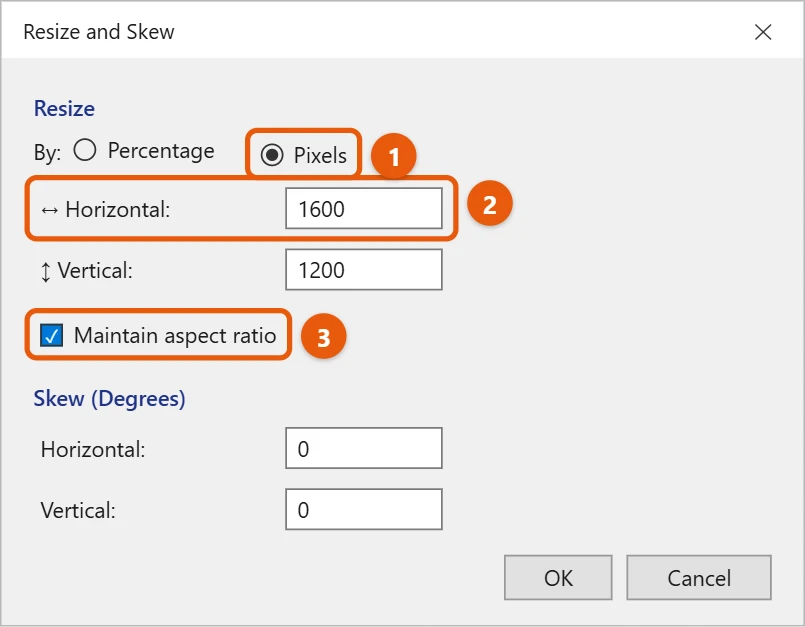 How to Resize an Image in Windows 10 2 Paint Resize and Skew dialog with Pixels selected, a new width typed, and Maintain aspect ratio checked