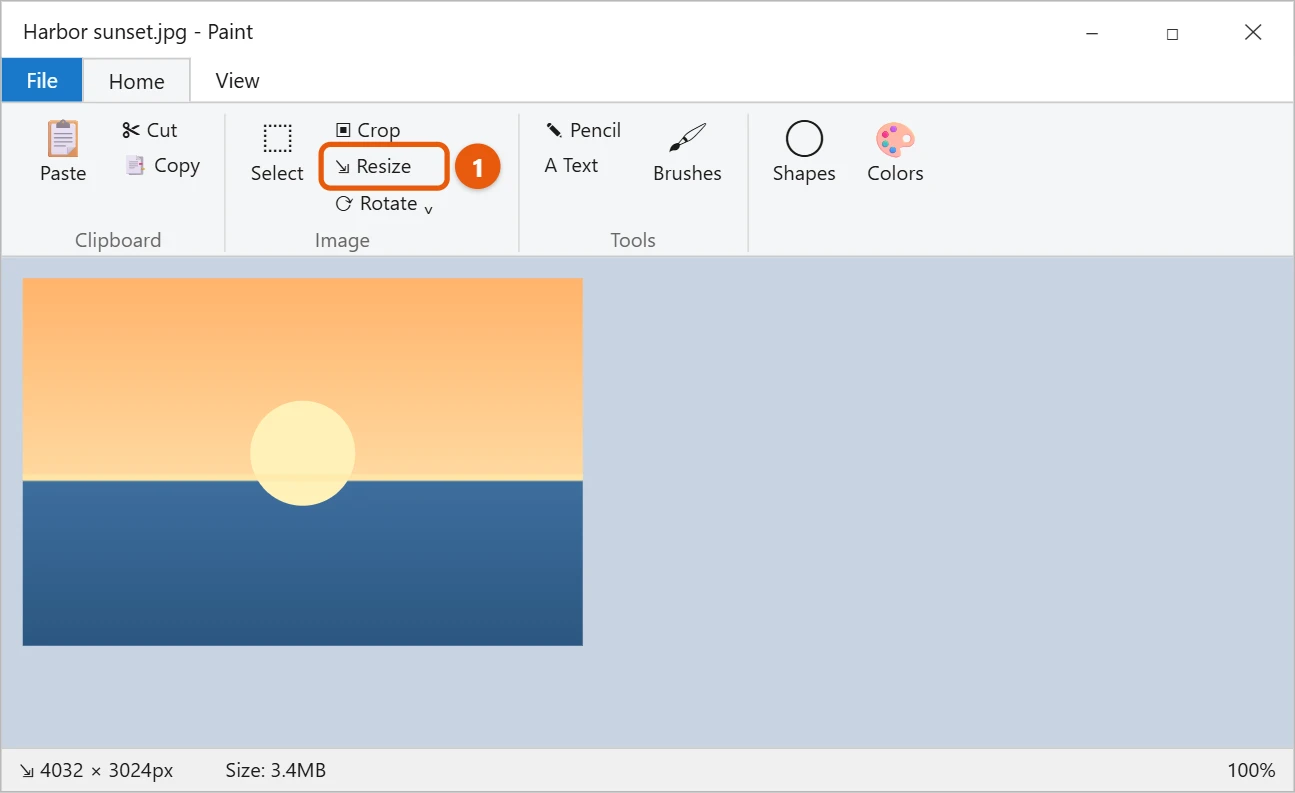 How to Resize an Image in Windows 10 1 Microsoft Paint in Windows 10 with a photo open and the Resize button highlighted on the Home tab