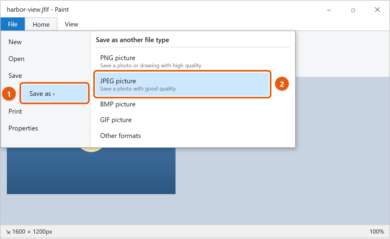 How to Change JFIF to JPG in Windows 10 2 Paint File menu with Save as and JPEG picture highlighted