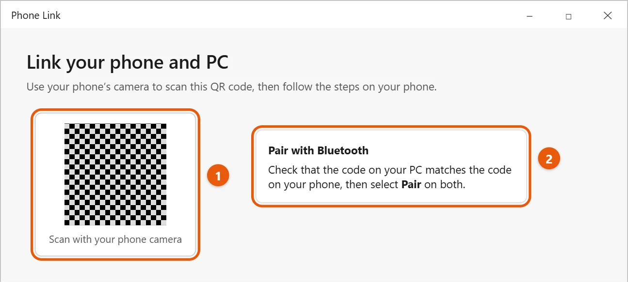 Can You Use iMessage on Windows 10? 1 Phone Link showing a QR code to scan and a Bluetooth pairing step