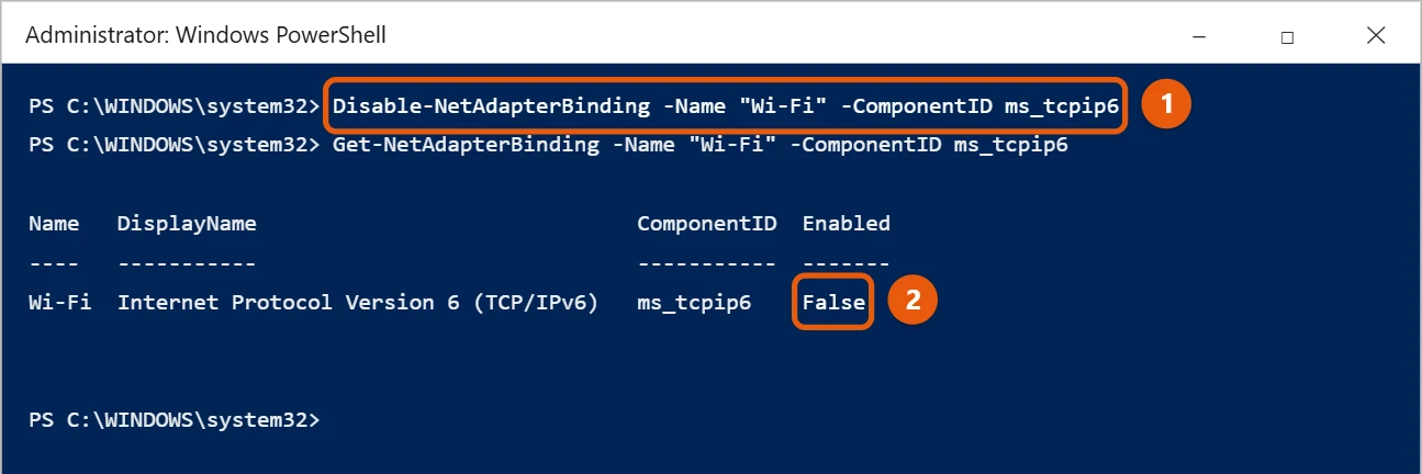 How to Disable IPv6 in Windows 10 2 Windows PowerShell showing Disable-NetAdapterBinding and Get-NetAdapterBinding with IPv6 Enabled set to False