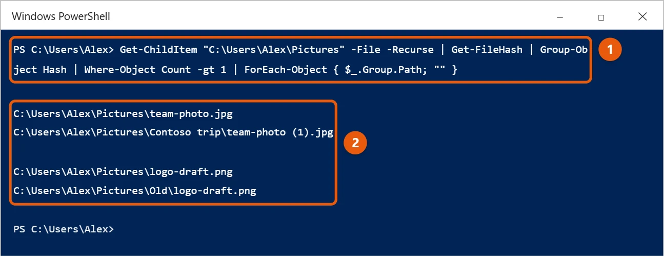 How to Find and Delete Duplicate Files in Windows 10 2 Windows PowerShell listing groups of identical files found by comparing file hashes