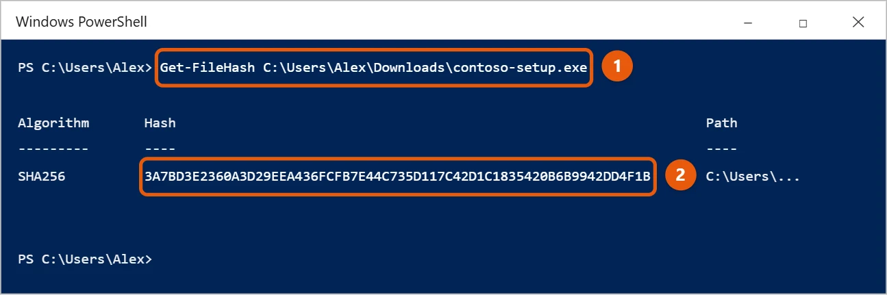 How to Check a SHA256 or SHA1 Checksum in Windows 10 1 Windows PowerShell showing Get-FileHash output with the SHA256 hash highlighted