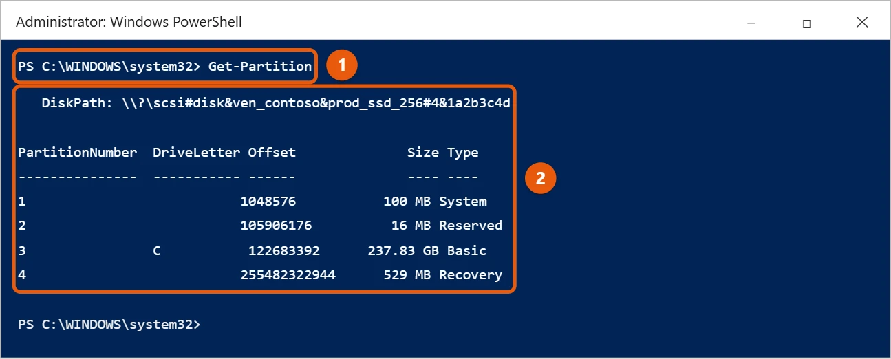 How to View Partitions in Windows 10 2 Windows PowerShell showing the Get-Partition command and a list of partitions on Disk 0