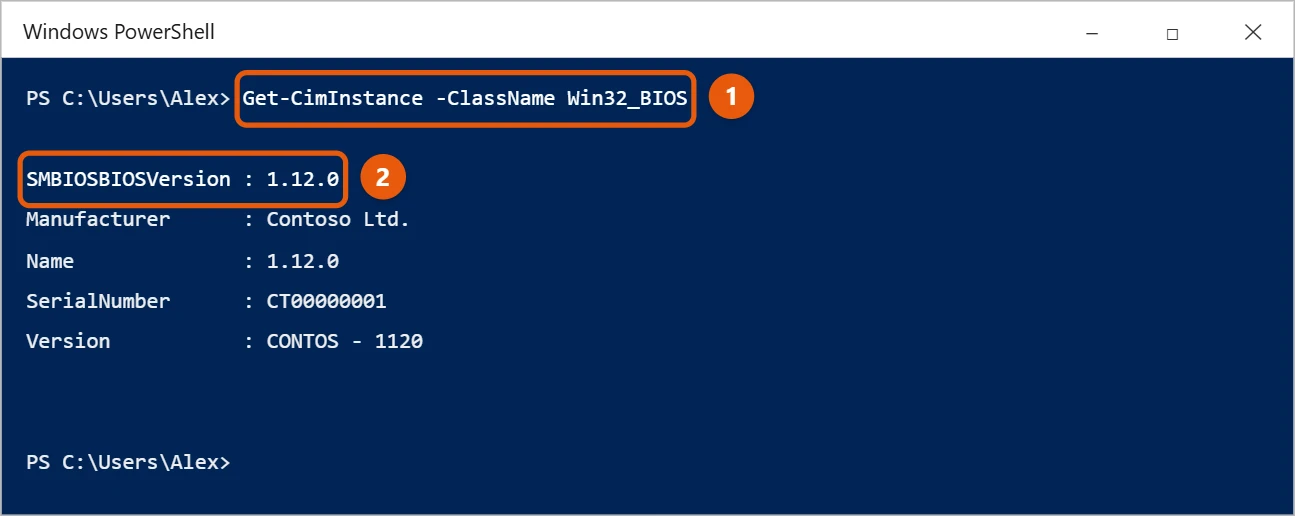 How to Check the BIOS Version in Windows 10 2 Windows PowerShell showing Get-CimInstance Win32_BIOS output with SMBIOSBIOSVersion highlighted