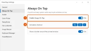 PowerToys Settings on Windows 10 showing Always On Top turned on and the Windows Ctrl T activation shortcut