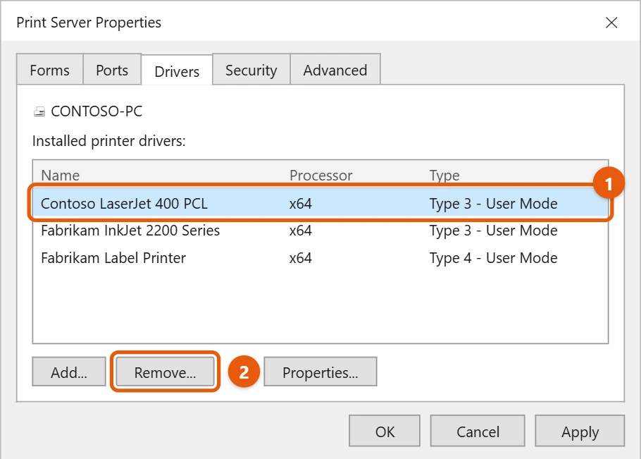 How to Remove a Printer in Windows 10 2 Windows 10 Print Server Properties Drivers tab with a Contoso printer driver selected and Remove highlighted