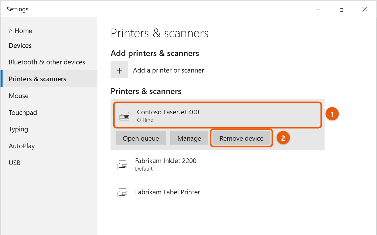 How to Remove a Printer in Windows 10 1 Windows 10 Settings Printers and scanners page with a Contoso printer selected and Remove device highlighted