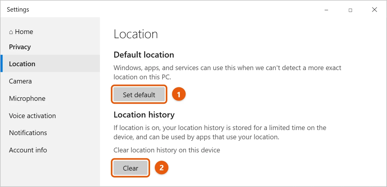 How to Turn Off Location in Windows 10 2 Windows 10 Privacy Location settings with Set default and Clear location history buttons highlighted