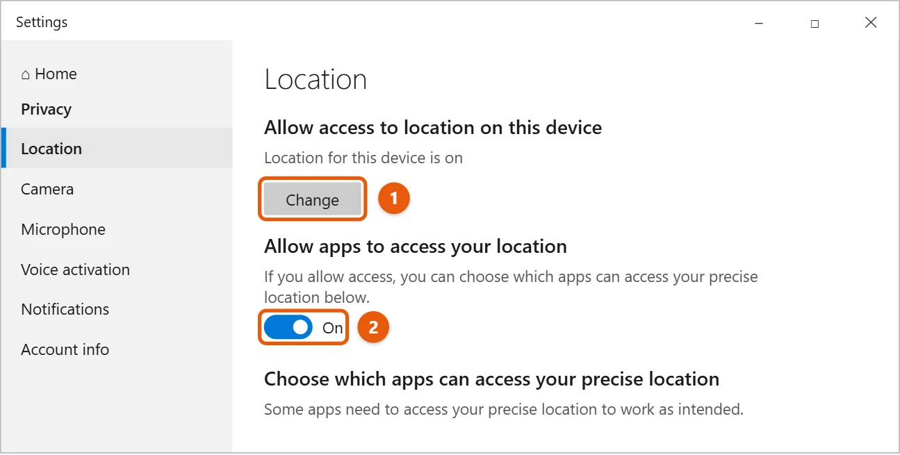 How to Turn Off Location in Windows 10 1 Windows 10 Privacy Location settings with the Change button and the Allow apps to access your location switch highlighted