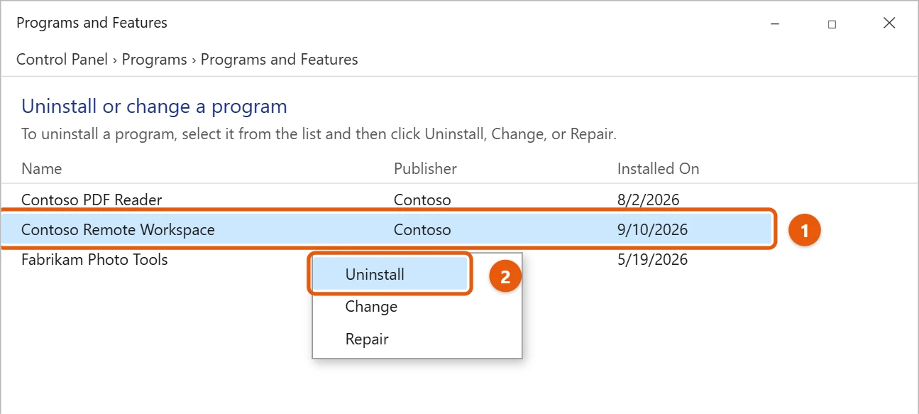 How to Uninstall Citrix Workspace on Windows 10 2 Programs and Features with a program right-clicked and Uninstall highlighted