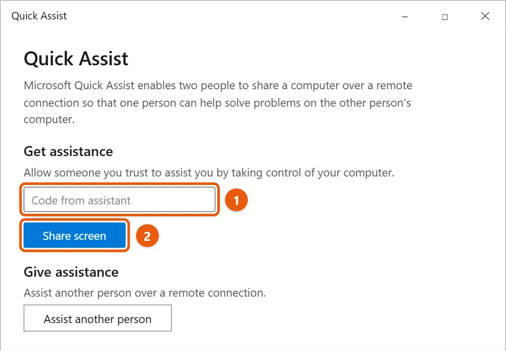 Can You Use Remote Desktop on Windows 10 Home? 2 Quick Assist window with the code box and Share screen button highlighted