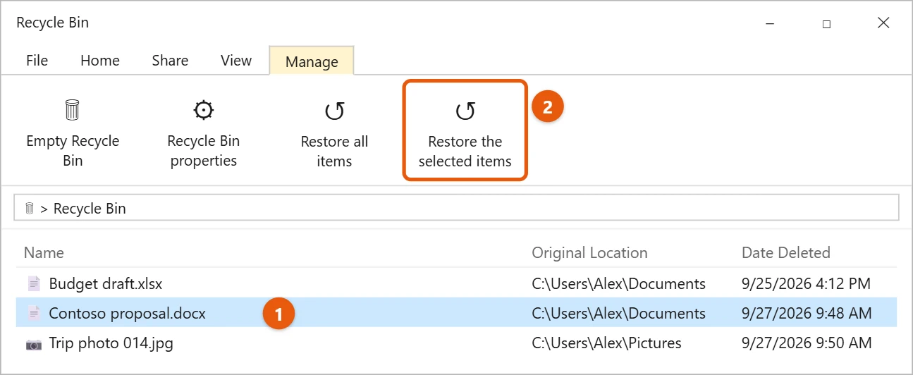 How to Recover Permanently Deleted Files in Windows 10 1 Windows 10 Recycle Bin with a deleted file selected and Restore the selected items highlighted