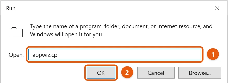 How to Uninstall Chrome on Windows 10 2 Run box with appwiz.cpl typed and the OK button
