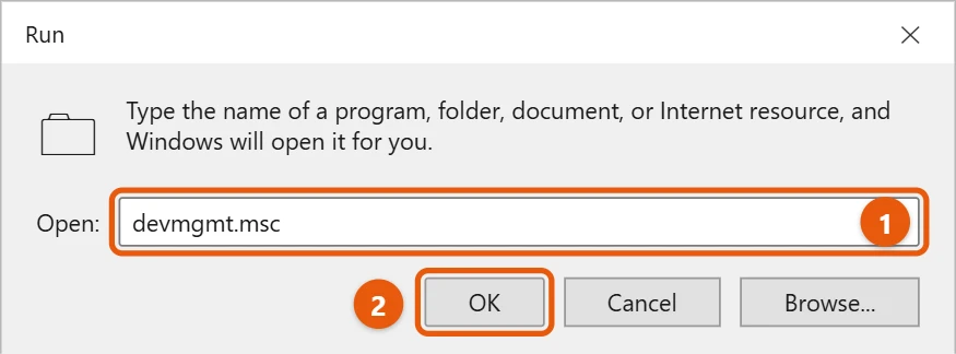 How to Open Device Manager in Windows 10 2 Windows 10 Run box with devmgmt.msc typed and the OK button highlighted
