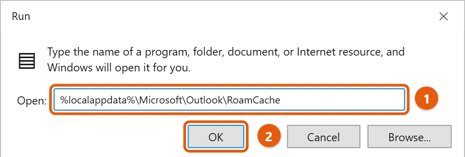 How to Clear the Outlook Cache in Windows 10 1 Run dialog with the Outlook RoamCache path typed and OK highlighted