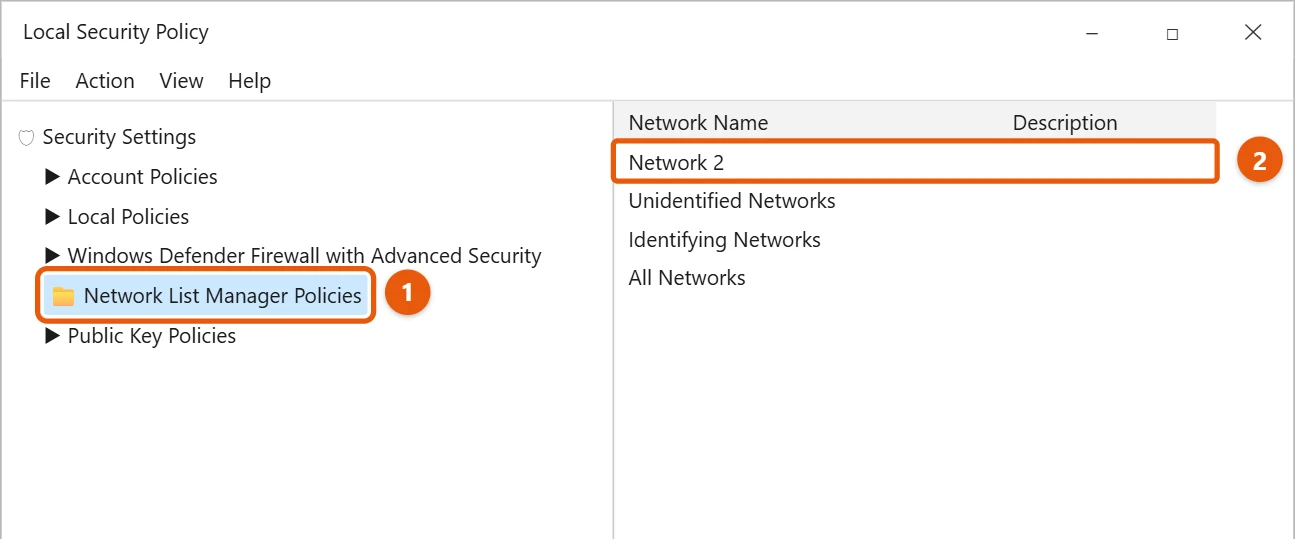 How to Change the Network Name in Windows 10 1 Windows 10 Local Security Policy with Network List Manager Policies selected and Network 2 highlighted