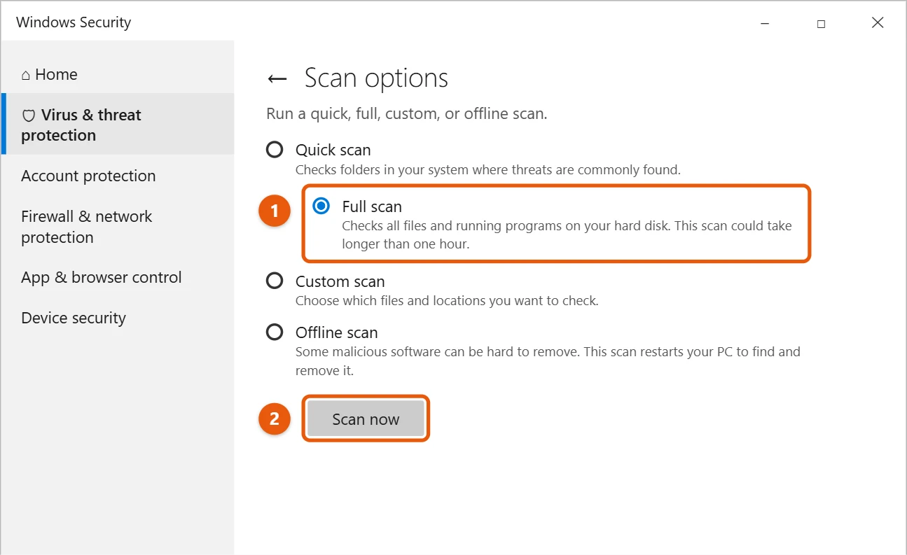 How to Remove Adware from Windows 10 2 Windows 10 Windows Security scan options with Full scan selected and the Scan now button highlighted