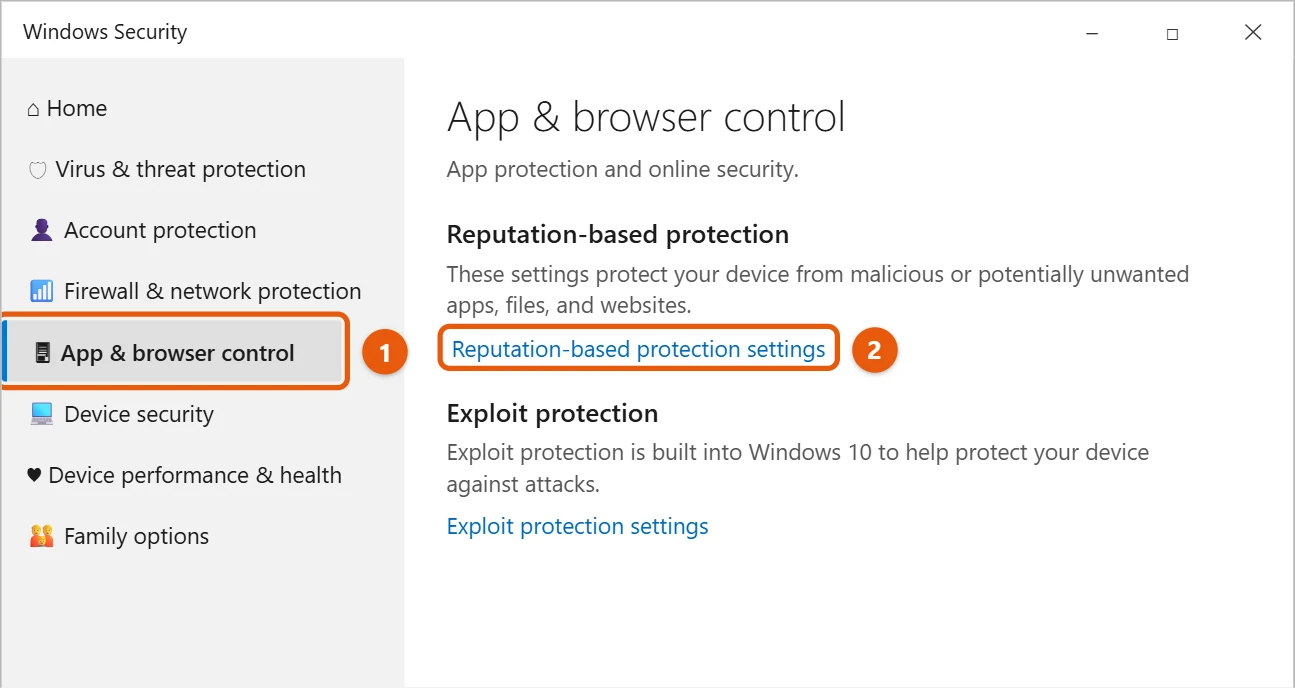 How to Turn Off SmartScreen in Windows 10 2 Windows Security App and browser control page with Reputation-based protection settings highlighted