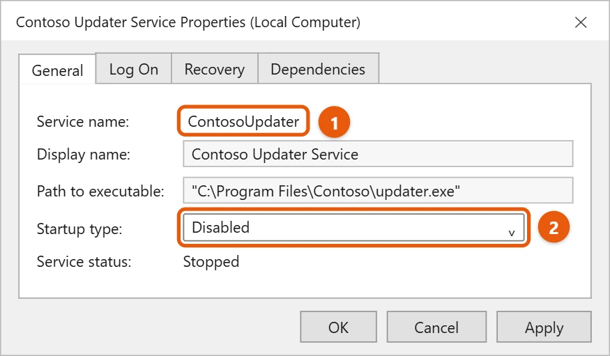 How to Delete a Service in Windows 10 1 Service properties window with the service name and the Disabled startup type highlighted