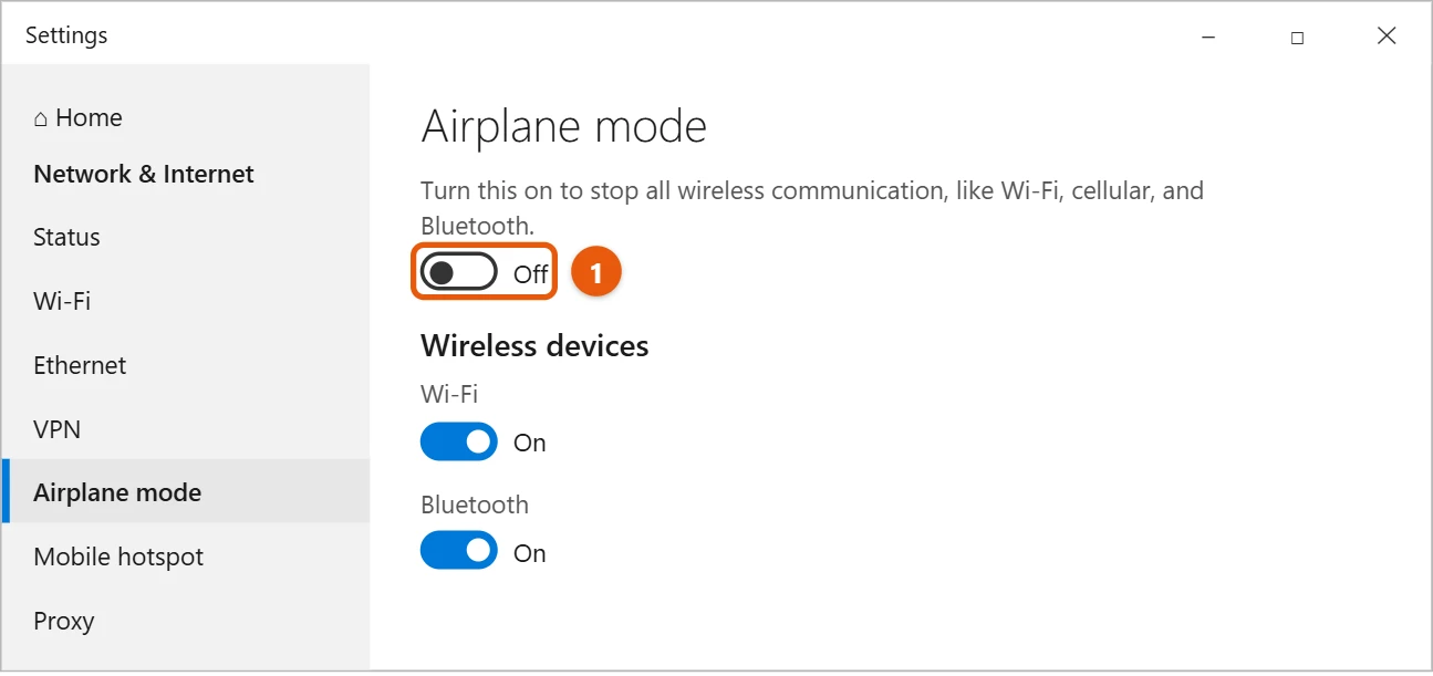 How to Turn Off Airplane Mode in Windows 10 2 Windows 10 Settings Airplane mode page with the Airplane mode switch turned off