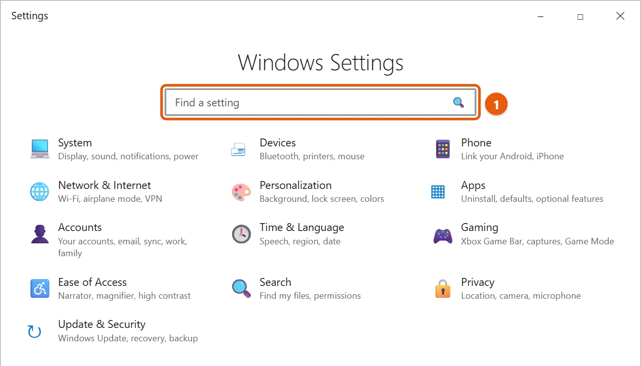 How to Open Settings in Windows 10 2 Windows 10 Settings home page with the Find a setting search box highlighted