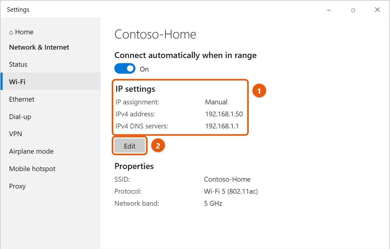 How to Enable DHCP in Windows 10 1 Windows 10 network settings with the IP settings section and the Edit button highlighted