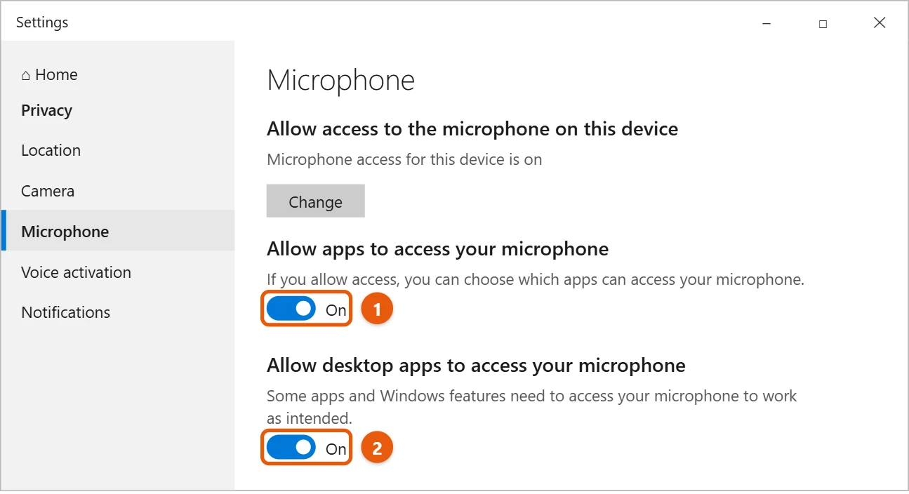 How to Fix a Microphone Not Working in Windows 10 1 Windows 10 Settings Privacy Microphone page with Allow apps and Allow desktop apps to access your microphone turned on