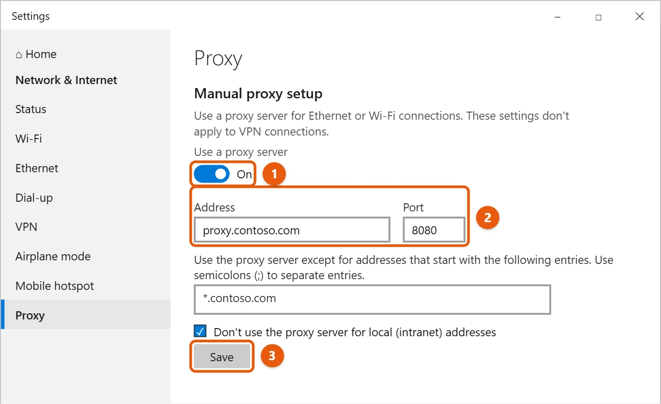 How to Change Proxy Settings in Windows 10 1 Windows 10 Settings Proxy page with Use a proxy server on, a proxy address and port entered, and Save highlighted