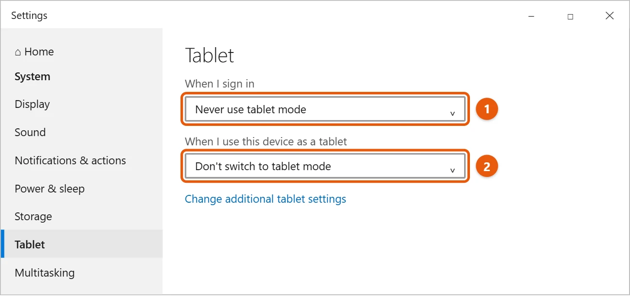 How to Turn Off Tablet Mode in Windows 10 2 Windows 10 Tablet settings with Never use tablet mode and Don't switch to tablet mode selected