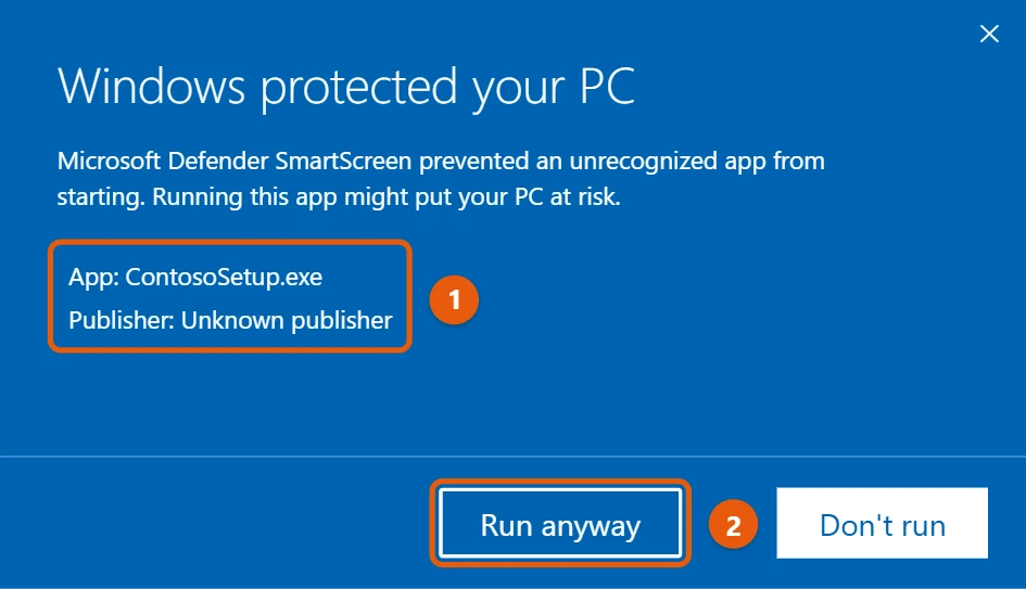How to Turn Off SmartScreen in Windows 10 1 Windows protected your PC warning after More info, with the Run anyway button highlighted