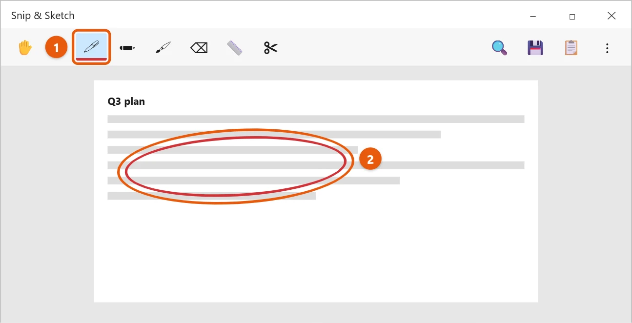 How to Draw on Your Screen in Windows 10 2 Windows 10 Snip & Sketch with the Ballpoint pen selected and a circle drawn around part of a screenshot