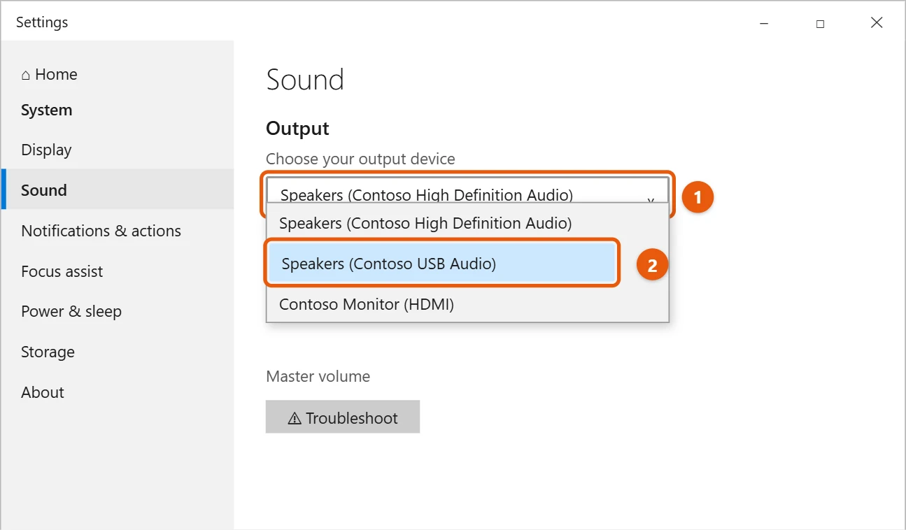 How to Connect External Speakers to a Windows 10 Laptop 1 Windows 10 Sound settings with the output device list open and USB speakers highlighted