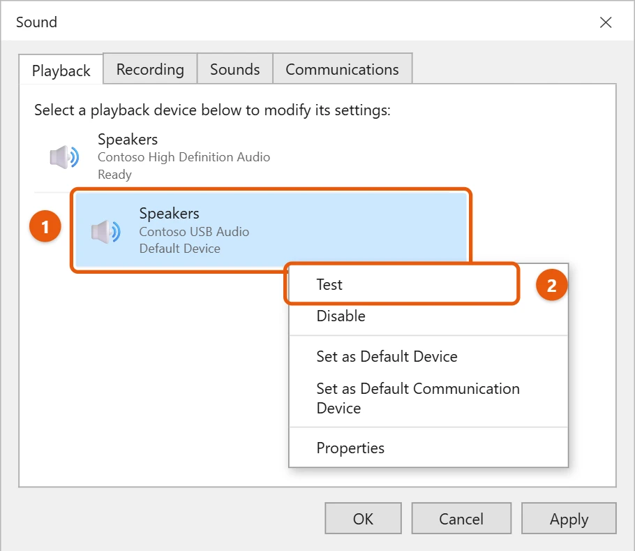 How to Connect External Speakers to a Windows 10 Laptop 2 Windows 10 Sound control panel Playback tab with USB speakers right-clicked and Test highlighted