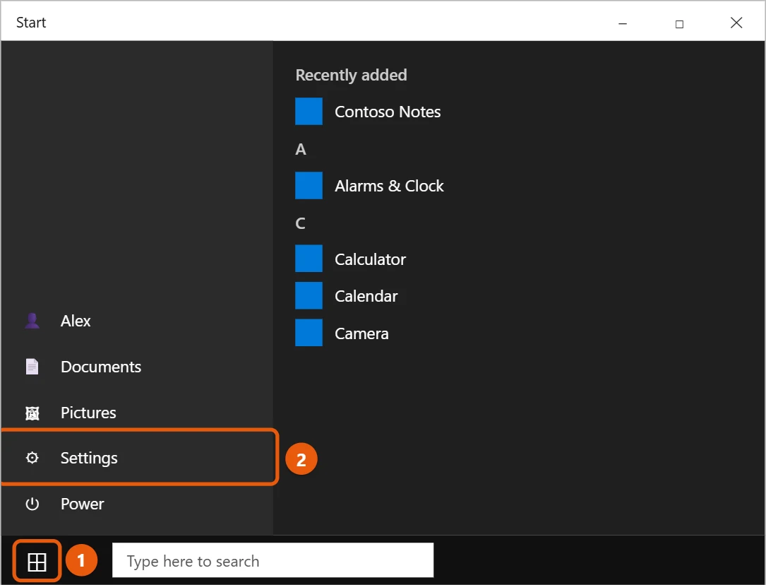 How to Open Settings in Windows 10 1 Windows 10 Start menu with the Start button and the Settings gear highlighted