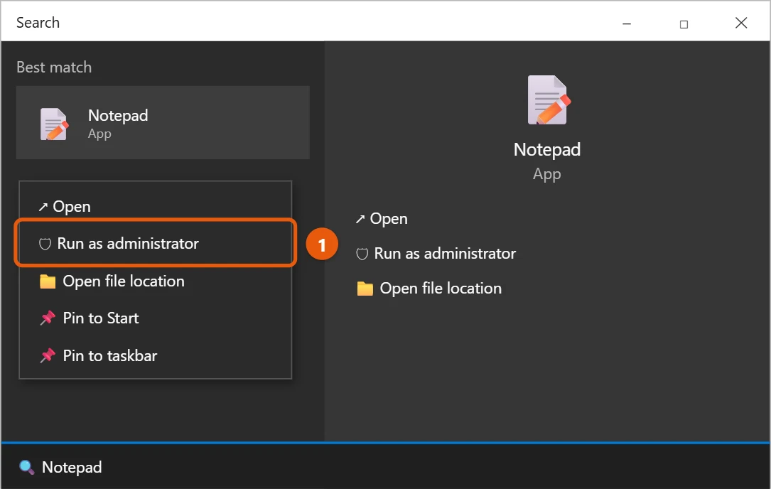 How to Find and Edit the Hosts File in Windows 10 1 Windows 10 Start menu search for Notepad with Run as administrator highlighted