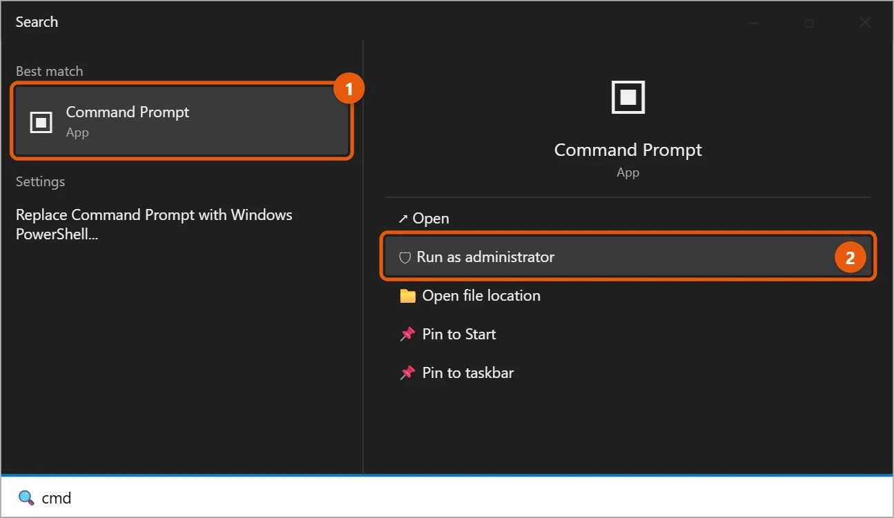 How to Open Command Prompt in Windows 10 1 Windows 10 Start search results for cmd with Command Prompt selected and Run as administrator highlighted