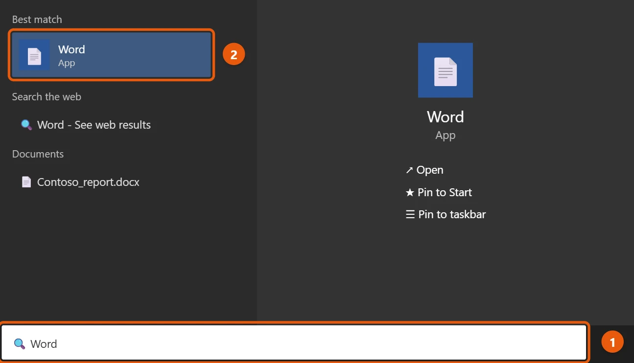 How to Open Microsoft Word in Windows 10 1 Windows 10 Start search with Word typed and the Word app result highlighted