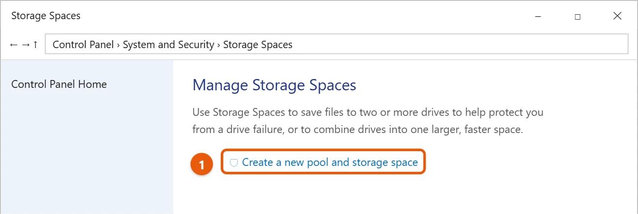 How to Set Up RAID 0 in Windows 10 with Storage Spaces 1 Storage Spaces in Control Panel with Create a new pool and storage space highlighted