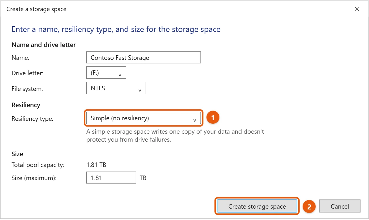 How to Set Up RAID 0 in Windows 10 with Storage Spaces 2 Create a storage space window with Simple no resiliency chosen and the Create storage space button highlighted